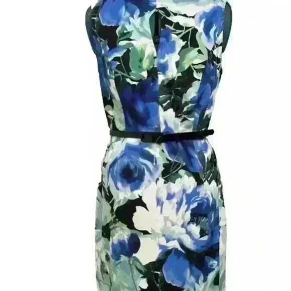 Connected Apparel NWT Blue Multi Floral Keyhole Belted Sheath Dress Size 10P - Picture 2 of 13